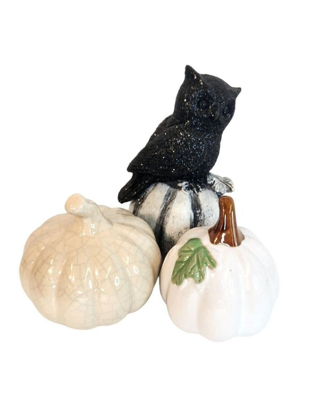 Pumpkins & Glittered Owl Set of 3,  6.5" H Fall Halloween Decor